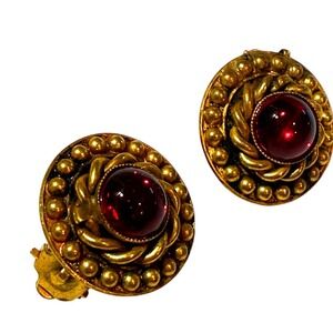 B&W Vintage Clip On Earrings Red Gem Gold Tone Oval Statement Jewelry